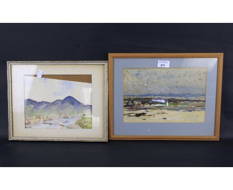 Two early 20th landscape watercolours. One with mountainous landscape, the other with a figure and horse and cart in seascape