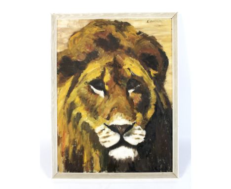 A portrait of a lion, oil on board. Indistinctly signed R Fainsait (?) top right, 72cm x 55cm 