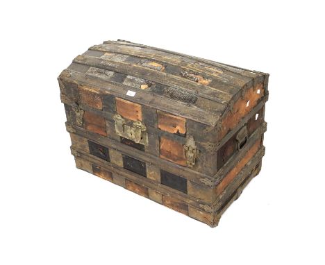 A dome topped trunk. Metal and wood bound, no key, L82cm x D49cm x H59cm