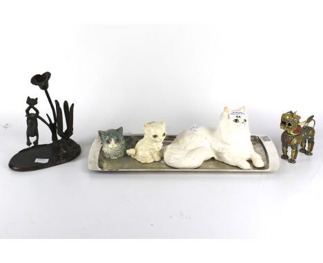 Five assorted ornaments. Including a candle holder, Sylvac cat, two Goebel kittens, and a bronzed sculpture depicting two fro