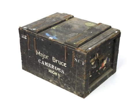 A vintage zinc lined wooden packing crate trunk. Marked 'Major Bruce Camerons' L81cm x D59cm x H50cm