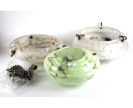 Three assorted 20th century glass hanging lamp shades. With chains, 35cm diameter.