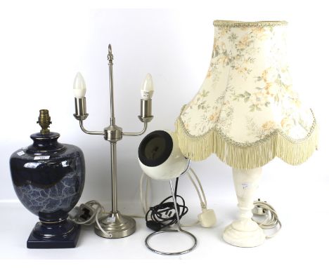 Four contemporary table lamps. Including a ceramic example with blue glazed decoration, 30cm high (excluding fitting), a chro