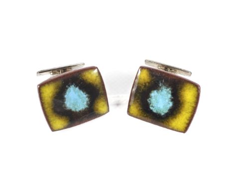 A pair of vintage Bronsted Denmark enamel cufflinks. Coloured green and blue, 2.5cm wide