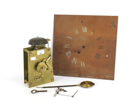 A fusee clock and a copper clock face. The fusee clock with a small dial with Roman numerals, 26cm high, the clock face with 
