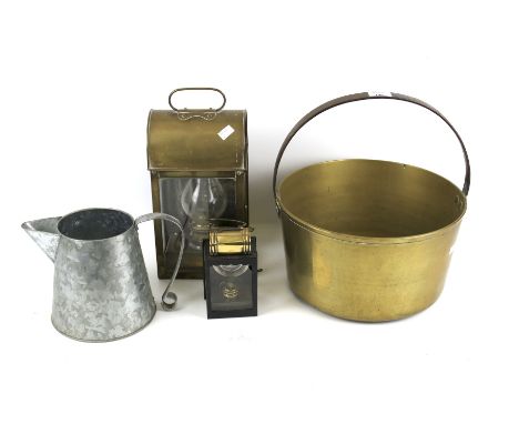 An assortment of collectables. Comprising a brass preserving pan with wrought iron handle, 33cm diameter, a metal pouring jug