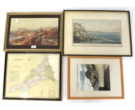 Assorted prints and maps. Including a 19th century hand coloured engraving of Cape Cornwall 40 x 23cm, a 19th century map of 