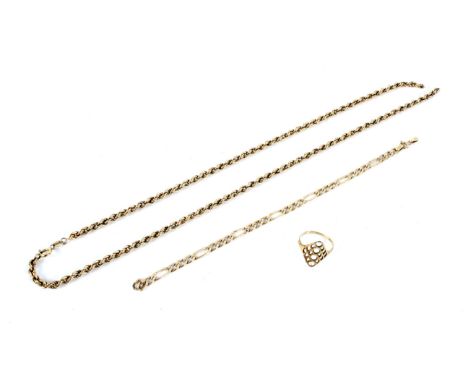 A selection of 9ct gold and yellow metal jewellery. Comprising necklace, bracelet and a ring