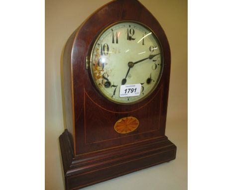 Edwardian mahogany lancet shaped mantel clock with Arabic numerals and two train movement (pendulum lacking)