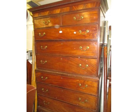George III mahogany tallboy, the moulded key pattern cornice above two short and six long graduated drawers with brass swan n