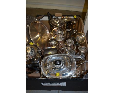 Three piece plated half fluted design tea service together with a near matching coffee pot and water jug, together with a qua