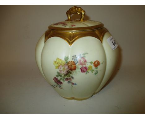 Royal Worcester blush ivory melon form jar and cover with floral decoration, printed mark in puce, 6.75ins high