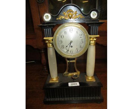 19th Century French ebonised parcel gilt and alabaster portico clock, the silvered dial with Arabic numerals and a small sing