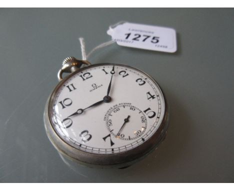 Silver cased Omega open face pocket watch, having ceramic dial with Arabic numerals and subidiary seconds and keywind movemen
