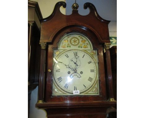 George III mahogany longcase clock, the broken arch hood with flanking Corinthian pilasters above a rectangular panelled door