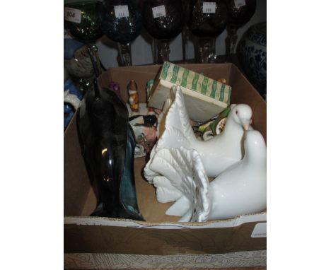 Lladro figure of two doves, four Beswick figures of birds, Poole pottery figure of a dolphin, Wade crab form pot, toast rack 
