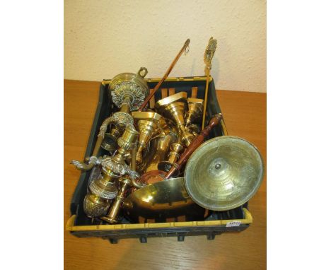 19th Century gimble candlestick with a quantity of other candlesticks and metalware