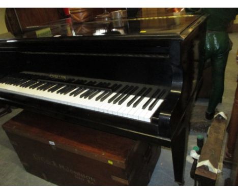 Challen iron framed baby grand piano in an ebonised case on square tapering supports with brass casters