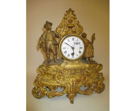 19th Century gilded spelter mantel clock (a/f) together with a pottery mantel clock with later movement