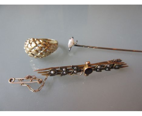 14ct Yellow gold ring, 9ct gold bar brooch and a diamond pearl set stick pin in the form of a bird