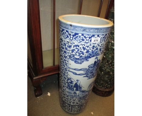 19th Century Chinese blue and white cylindrical stick stand (a/f) together with another decorated with metal and enamel appli