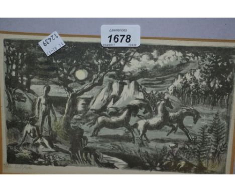 Phyllis Bray, (East London group) lithograph, male and female figure in a landscape with horses, signed in pencil, dated 1952