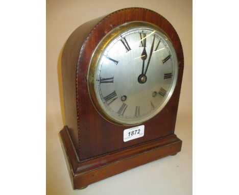 Edwardian mahogany and chequer line inlaid dome shaped mantel clock with silvered dial, Roman numerals and two train movement