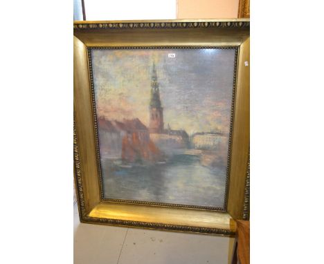 Attributed to Edvard Anders Saltoft, large gilt framed pastel drawing, Copenhagen canal scene, 40ins x 30ins