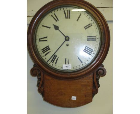 19th Century oak cased drop-dial wall clock, the enamel dial with Roman numerals with a single train fusee movement