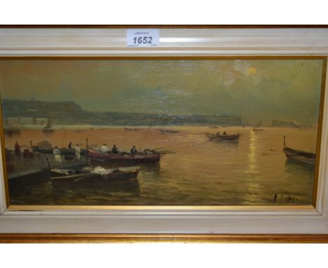R. Scoppia, oil on board, fishermen and boats on a jetty in the Gulf of Naples, signed and gilt framed, 7ins x 15ins bearing 