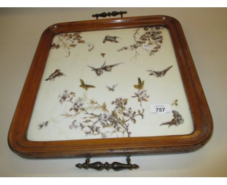 Square wooden framed porcelain tray decorated with birds and insects, inscribed to the reverse F. & M. (Fischer and Mieg)