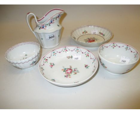 Two Newhall type tea bowls with saucers together with a similar jug