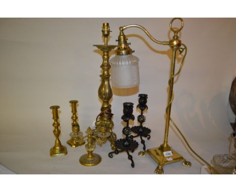 Brass table lamp with glass shade, a reproduction style table lamp, pair of iron candlesticks, pair of brass candlesticks and