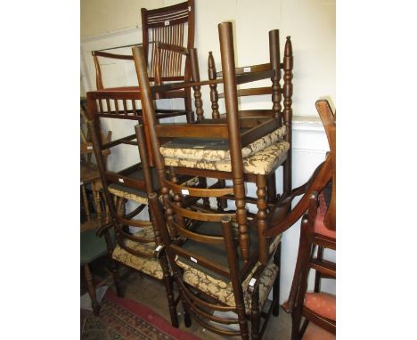 20th Century oak dining room suite comprising:  set of six ladder back chairs (four plus two) and rectangular draw-leaf table