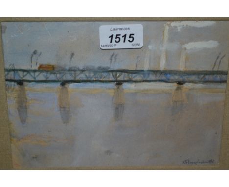 Russian school gouache, river scene with iron bridge and power station, indistinctly signed, together with a pastel of a Nort