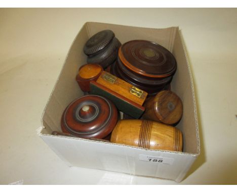 Small quantity of various treenware items including a circular box and cover inset with a Jamaican coin