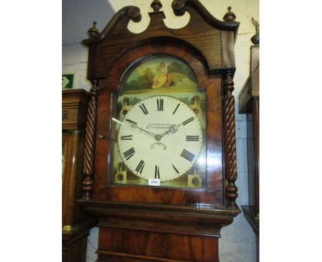 19th Century oak and mahogany crossbanded longcase clock, the arched hood with swan neck pediment above a rectangular door in