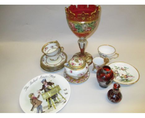 19th Century Bohemian ruby glass goblet with overlaid and painted decoration (a/f), two other red glass items and a quantity 