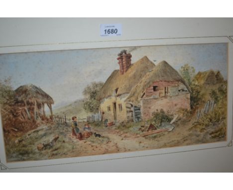 Watercolour, figures before cottages, signed Sanderston, unframed, watercolour of moored Continental fishing boats, pastel dr