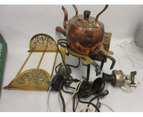 Brass folding bookrack, brass trivit, copper kettle, tea caddy and sundries