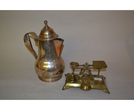 19th Century Viennese plate on copper jug with hinged lid together with a pair of brass postal scales