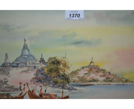 M. Thein (Burmese), pair of framed watercolours, coastal scene with boats and temple and figures fishing from an open boat
