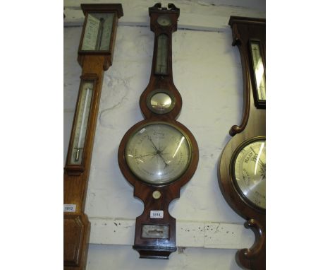 Early 19th Century mahogany and black line inlaid banjo shaped five glass wheel barometer / hydrometer / thermometer, by W. R