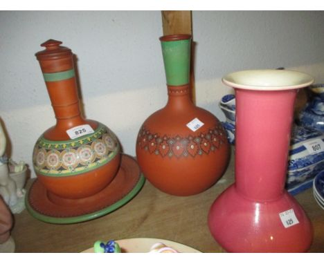 Watcombe pottery water carafe with tray attributed to Dr Dresser, together with another and an Ault pottery Art vase