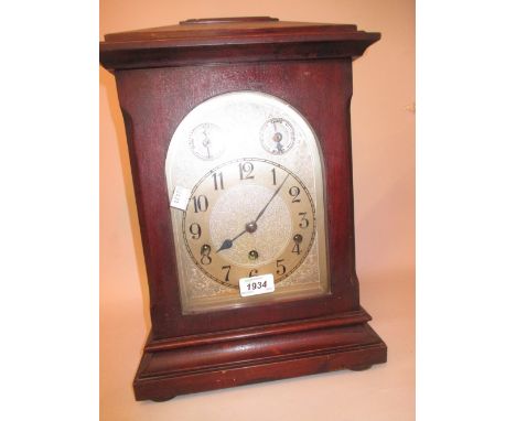 Early 20th Century mahogany bracket clock, the silvered dial with Arabic numerals and subsidiary dials, the three train movem