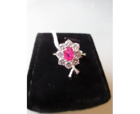 18ct Yellow gold ruby and diamond cluster ring, the ruby of approximately 0.96ct, the diamonds 1.5ct total