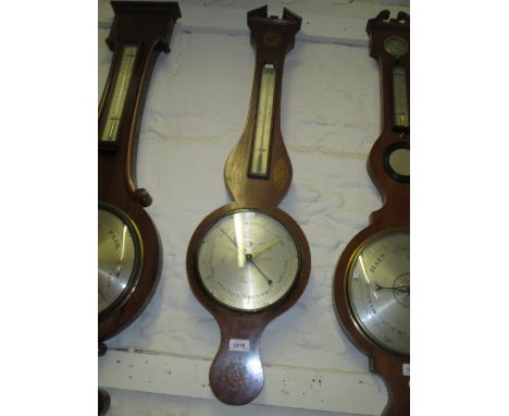 George III mahogany inlaid and chequer banded banjo shaped wheel barometer thermometer, the silvered dial signed Torre and Co