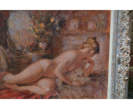Frank Haseler, 20th Century oil on canvas laid on board, reclining nude study, entitled verso ' Dressing Table with Flowers '