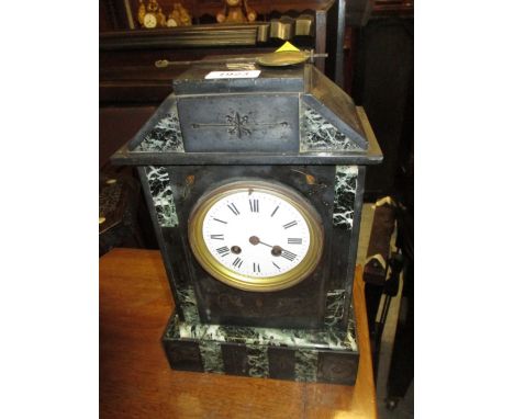 19th Century French black slate and marble mounted two train mantel clock, together with an American black stained wooden two