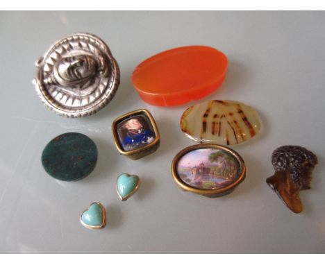 Miniature enamel portrait, another miniature landscape and miscellaneous other items